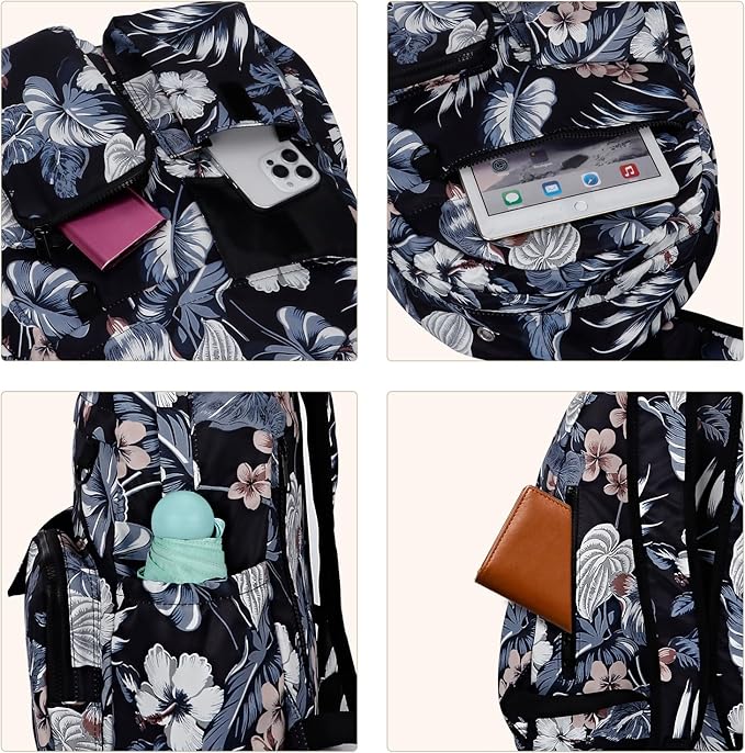 Women's Water-resistant Daypack Backpack, 15.6 Inch Laptop Compartment & Anti-Theft Pocket, Adjustable Padded Straps for Commuting, Travel, Work, College, Hawaii Flower