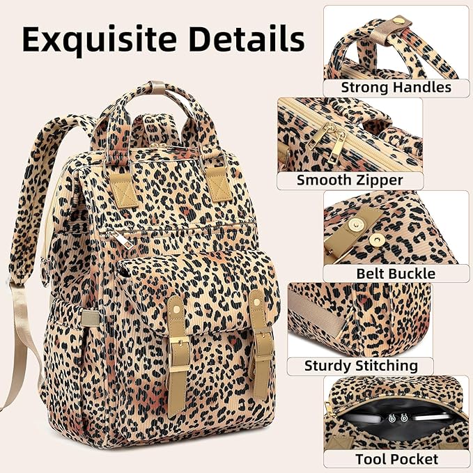 Corduroy Laptop Backpack for Women 15.6 Inch Stylish College School Bookbag, Business Work & Travel Computer Backpacks (Leopard Brown)