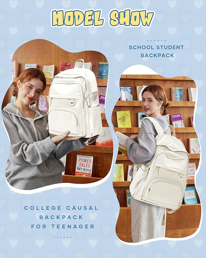 Lightweight Backpack for College & High School Backpack With Lots of Pockets Cute School Bag for Girls Boys, Large Capacity Bookbag for Women Men, Waterproof Teens Casual Daypack Backpack(Beige)