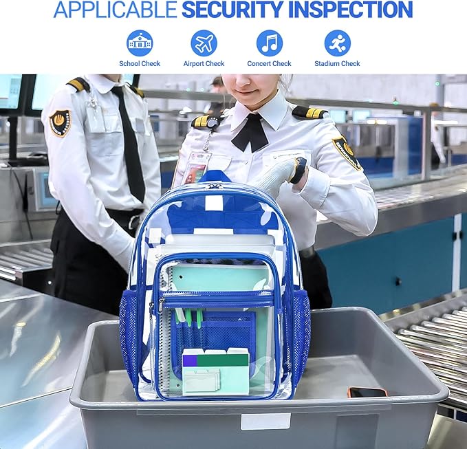 ZORFIN Clear Backpack Heavy Duty for School & Work – 17in Transparent PVC Bag with Large Capacity & Reinforced Straps – See Through Bookbag for Men, Women, Boys & Girls, Workplace Security - Blue