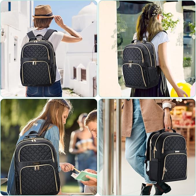 Backpack for Women, Large School Backpack, Girls Bookbag with USB Charging Port, 17.3 Inch Work Travel Laptop Back Pack Purse Casual Daypacks, Black