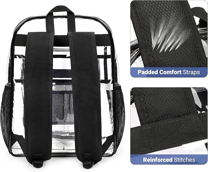 ZORFIN Clear Backpack Heavy Duty for School – 18in Transparent PVC Bag with Large Capacity & Reinforced Straps for Men, Women, Boys & Girls - See Through Bookbag for College Workplace Security, Black