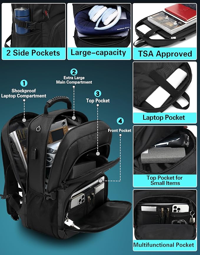 ProEtrade Travel Backpack, Extra Large Laptop Backpack School Business Anti Theft TSA Approved College Work Computer Bag Fits 17 Inch Laptop with USB Charging Port Bookbag for Women Men(Black)
