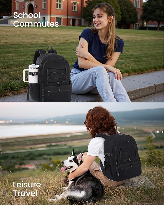 LOVEVOOK Laptop Backpack for Women & Girls, Large Capacity Everyday Backpack with Water Bottle Holder, Chic Versatile Backpack Purse, Lightweight Casual Daypack for Work, Travel, College, Black