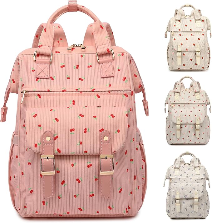 Corduroy Laptop Backpack for Women 15.6 Inch Stylish College School Bookbag, Business Work & Travel Computer Backpacks (Cherry Pink)