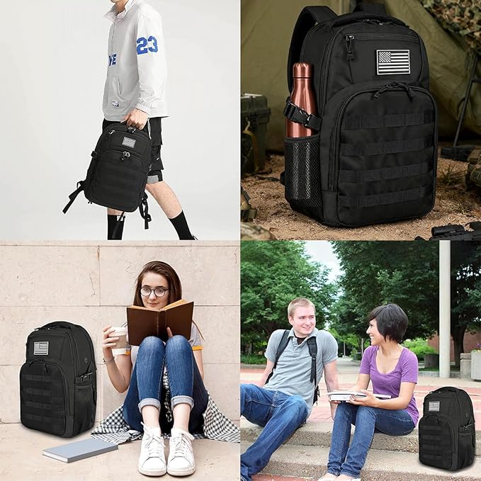 15'' Travel Laptop Backpack for Men, 25L Tactical College Backpacks with Water Pouches Both Sides, Portable Backpack for Men Women Business Work Bag Fight Approved, Small Black Backpack