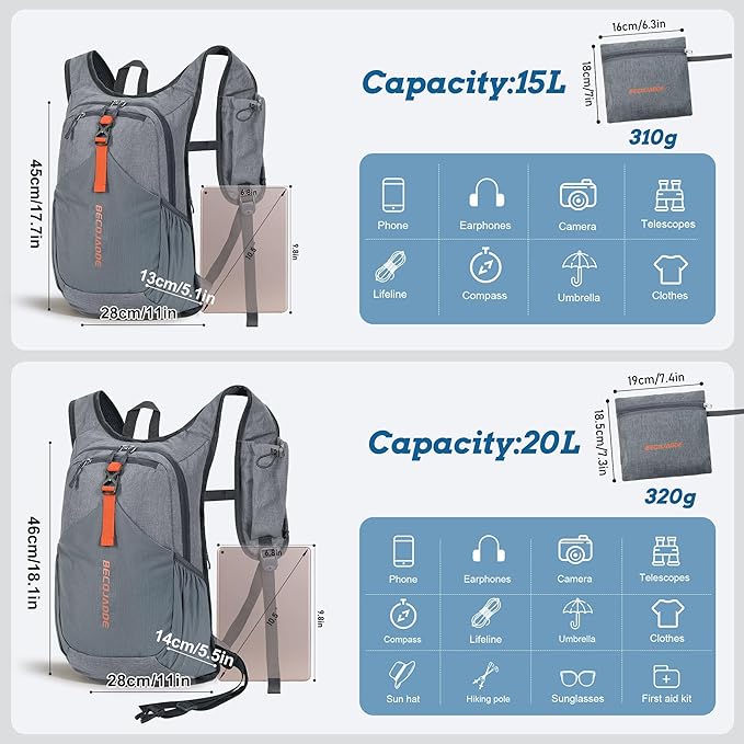 15L Small Hiking Backpack for Men Women Foldable Packable Back Pack Ultralight Hiking Daypack for Travel Camping Outdoor, Gray