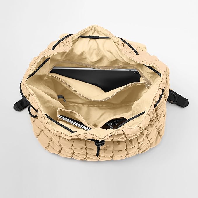 ODODOS Quilted Backpack 2.0 for Women Lightweight Puffer Hiker Pack Drawstring Padding Travel Gym Bag, Taupe