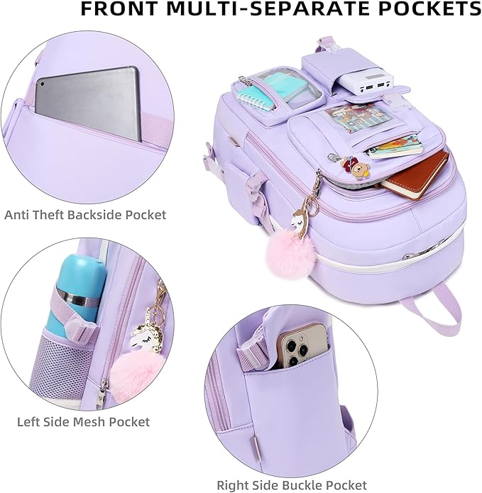 LXYGD Backpack for Girls with Accessories Laptop Bookbags 16 Inch Kawaii Kids Elementary Middle High School Bag College Travel Daypack Gifts for Teens Women Students (Purple)