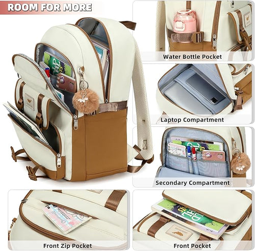 3 PCS Backpack for Teen Girls,Laptop Backpacks 15.6 Inch School Bag with Lunch Box Pencil Pouch Set for Students Aesthetic College Bookbag Travel Daypack(Beige Khaki)