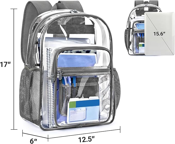 ZORFIN Clear Backpack Heavy Duty for School & Work – 17in Transparent PVC Bag with Large Capacity & Reinforced Straps – See Through Bookbag for Men, Women, Boys & Girls, Workplace Security - Grey