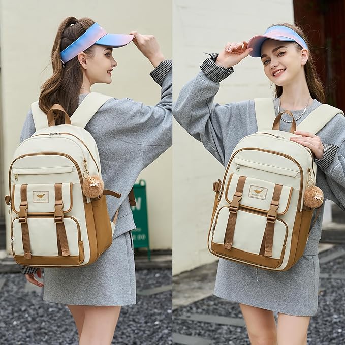 3 PCS Backpack for Teen Girls,Laptop Backpacks 15.6 Inch School Bag with Lunch Box Pencil Pouch Set for Students Aesthetic College Bookbag Travel Daypack(Beige Khaki)