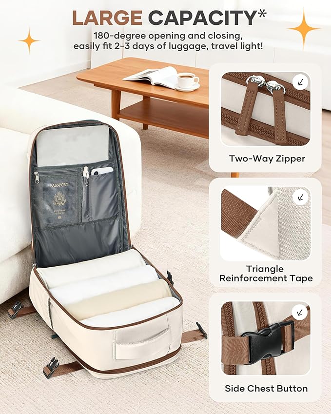 Travel Backpack Carry on Flight Approved Mochila De Viaje Personal Item Backpack for Airlines Frontier Airlines Personal Item Bag Large Backpack for Travel Backpacks for Men Women Beige with Brown