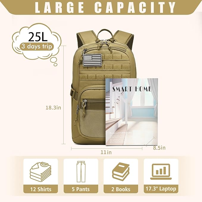 Military Tactical Backpack for Men Army 3 Days Assault Pack Bag with Molle System for Outdoor Adventures (khaki, 25L)
