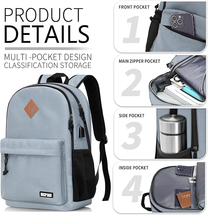 Backpack for Women Men, Casual School Backpack for Girls Boys Teens, 17.3 Inch Laptop Bookbag with USB Charger for College High School back pack lightweight mochilas para hombres, Grey