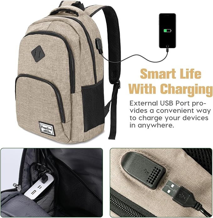YAMTION School Backpack with USB Charging Port for Laptop College Travel Work Office Teens Beige Beige 15.6 Inches