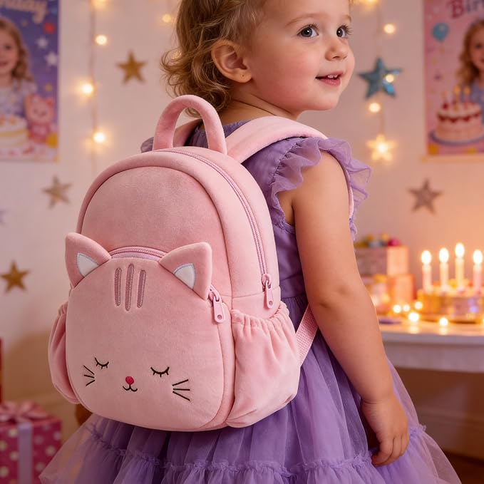 Lazada Back to School Gifts for Girls Cat Plush Toddler Backpack for Girls Cat Animal Design Kitty Kids Backpack Soft Backpack for Baby Girls11 inches.