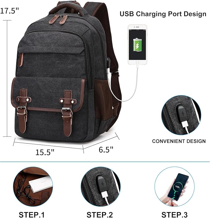 Canvas Laptop Backpack with USB Charging Port, Vintage Daypack for Men Women, Black Travel Work Rucksack College Computer Bag Bookbag Fits 15.6 Inch Lapop, Black