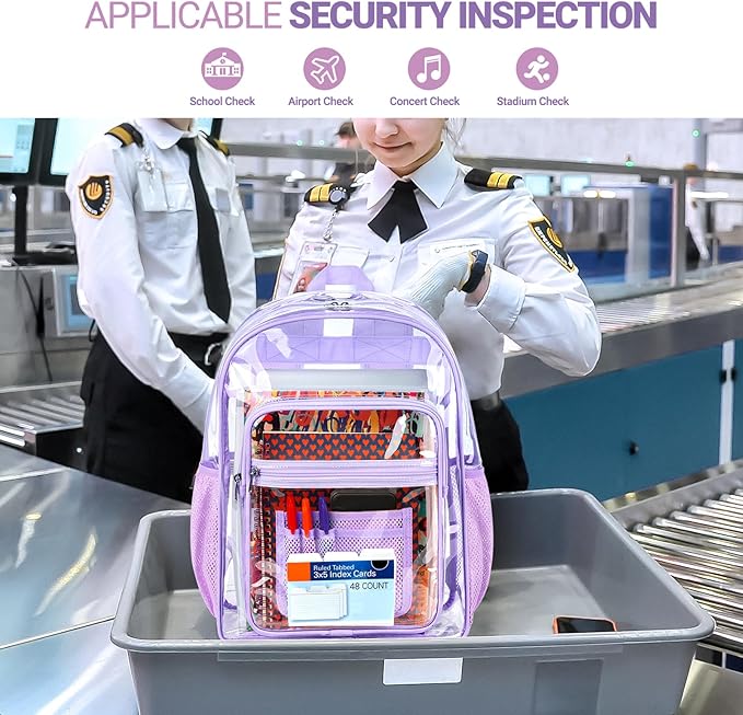 ZORFIN Clear Backpack Heavy Duty for School & Work – 17in Transparent PVC Bag with Large Capacity & Reinforced Straps – See Through Bookbag for Girls Women, Workplace Security - Purple