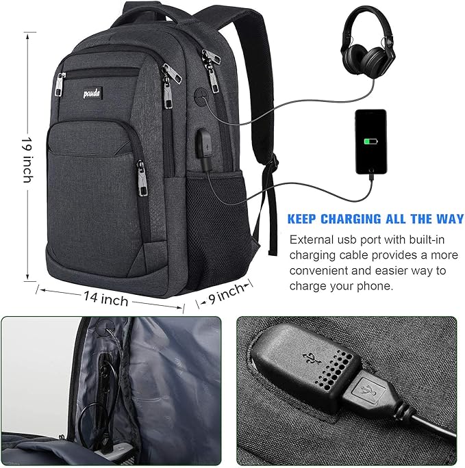 Paude Backpack for Men and Women,17.3 inch School Backpack for Teens,Travel Laptop Backpack with USB Charging port for Business College Travel