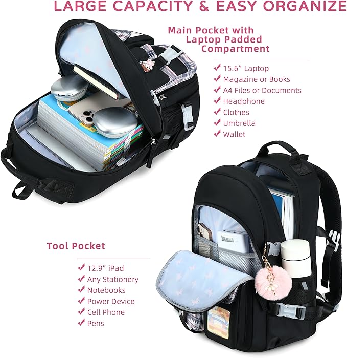 Backpack for Girls, 15.6 Inch Laptop School Bag Kids Kindergarten Elementary College Backpacks Large Bookbags for Teen Girl Women Students Casual Travel Daypacks (Black)