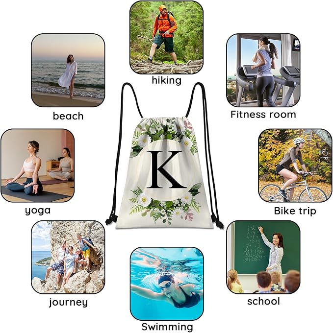 Initial Letter Drawstring Backpack String Sports Gym Bags Waterproof Sackpack Cute for Men Women Beach (13"×17") (Letter-K)