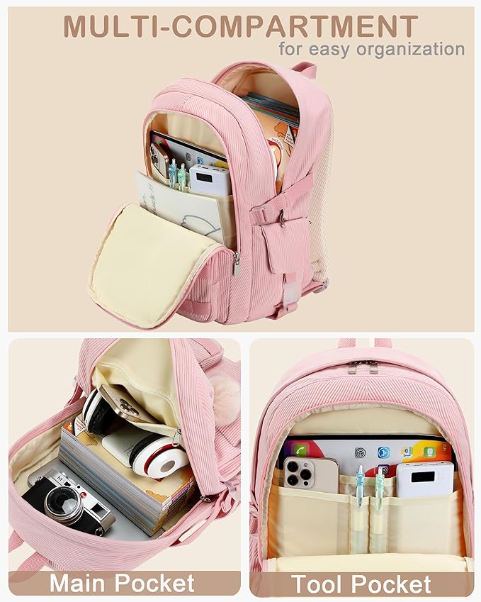 Hidds School Backpack for Teens Girls Women 15.6 Inch Laptop College Backpacks Corduroy Kids Bookbag Students Travel Daypack Womens (Pink)