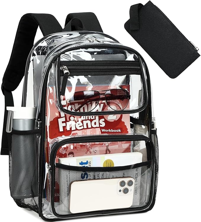 Bluboon Clear Backpack Heavy Duty Kids Boys Clear Bookbag See Through Backpacks with Pencil Case for College Work (Transparent Black)