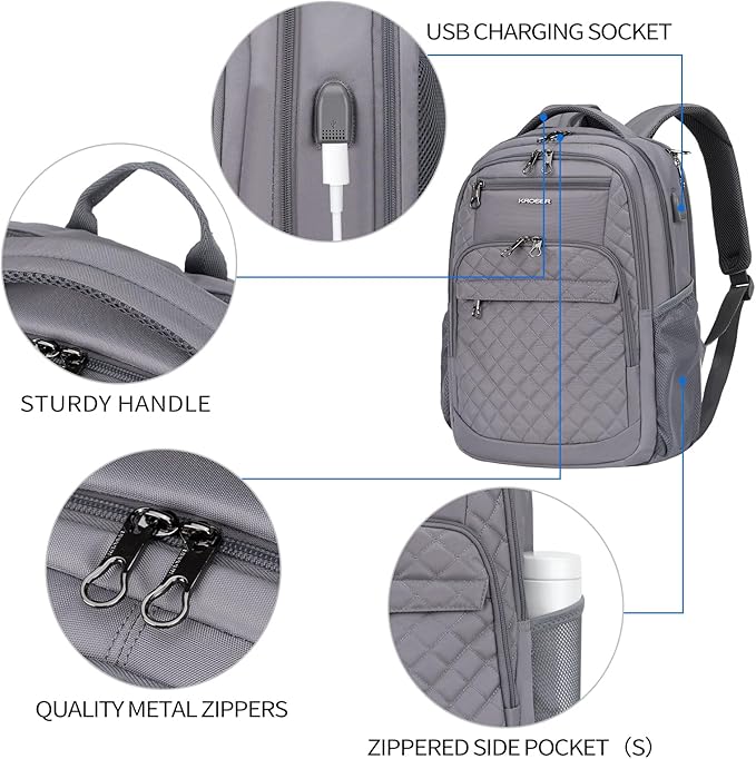 KROSER Travel Laptop Backpack 17 Inch Large Computer Backpack Water-Repellent Daypack with USB Charging Port & Headphone Interface RFID Pockets for Work/Business/College/Men/Women Dark grey(Quilted)