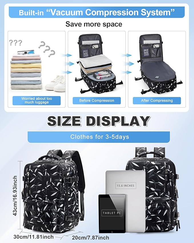 VGCUB Vacuum Backpack Travel with Pump Vacpack System Storage Compression Carry on Work Laptop Waterproof College Bags Casual Daypack Backpacks for Women Men with USB Charging Port Leaf Black