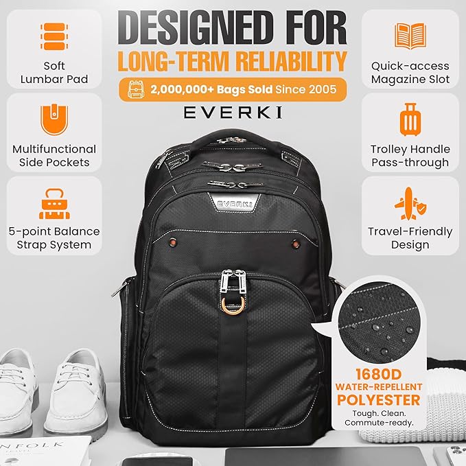 EVERKI Atlas Business 32L Laptop Backpack – Travel-Friendly Business & Office, Professional Backpack for Men & Women, Durable Computer Bag with Adjustable Padded Compartment, Fits 13"-17.3", Black