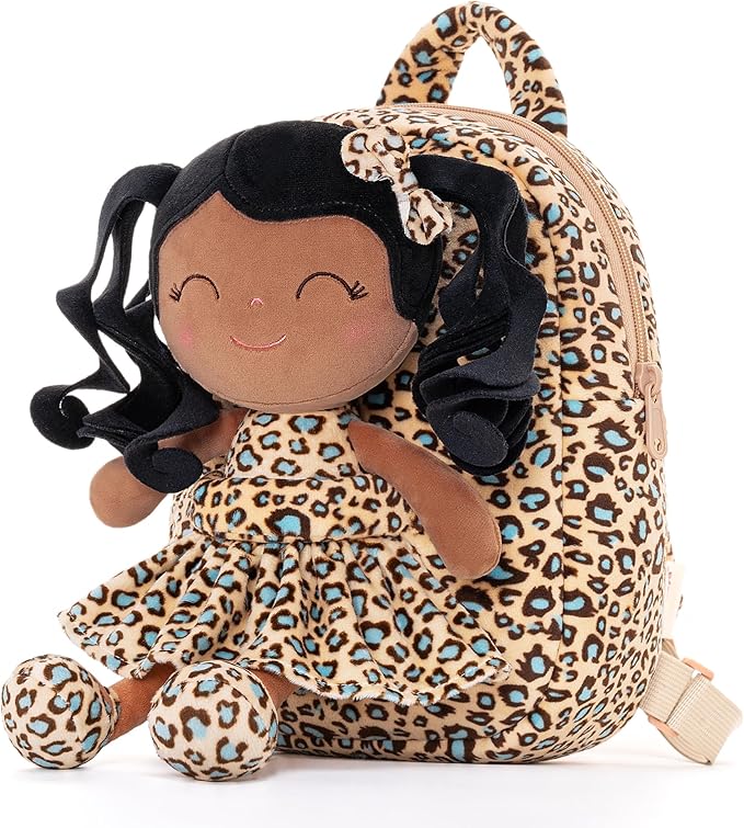 Gloveleya Toddler Backpack Baby Girl Gifts Curly Hair Plush Figures Dress Backpack Kids Backpack Curly Hair Spring Girl - Black Leopard 9inches