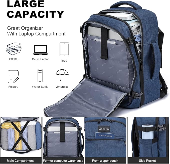 Asenlin Travel Backpack for Women Men,Flight Approved Carry On Luggage 30L Water Resistant Business Mochila Work Laptop Backpacks Fits TSA 15.6 Inch Computer College Weekender Outdoor Hiking-Blue