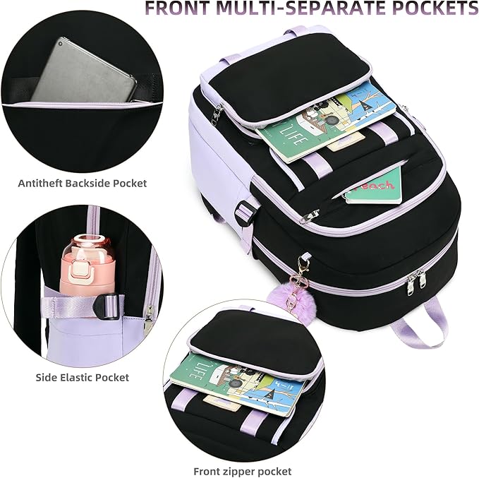 3 PCS Backpack for Teen Girls,Laptop Backpacks 15.6 Inch School Bag with Lunch Box Pencil Pouch Set for Students Aesthetic College Bookbag Travel Daypack(Black Purple)