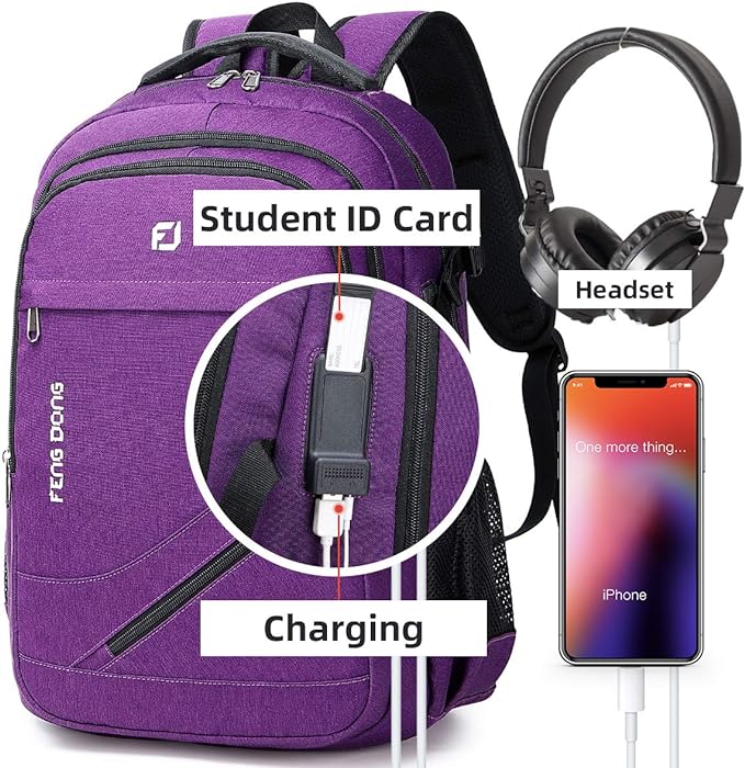 FENGDONG Durable Waterproof Travel Large Laptop Backpack 17.3 inch,College Backpack Bookbag for Men & Women Business Backpack with USB Charging Port and Headset Port Purple