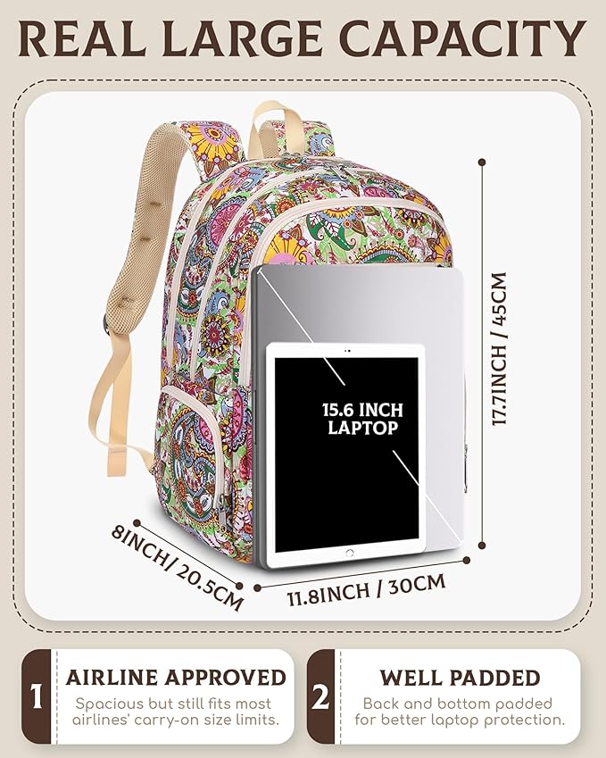 Large Backpack for Women Backpack with Lots of Pockets for Travel Work School Bookbag with Laptop Compartment for High School College Girls Mochilas Morrales para Mujer (Beige/Green, Paisley)