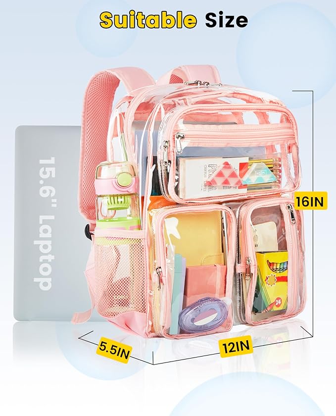 Vorspack Clear Backpack Heavy Duty - Multi-pockets Clear Bookbag Transparent See Through Backpacks for College Work Festival - Pink