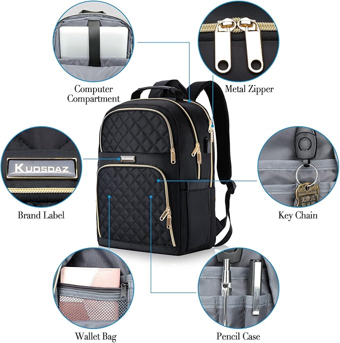 Backpacks for Women, School Backpack for Teen Girls, 15.6 Inch Cute Quilted Laptop Backpack with USB Charging, Large Bookbag for Middle School College Students, Black
