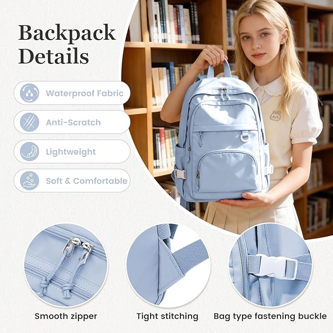 Lightweight College Backpack for Women Men Cute School Bag for Teens Girls Boys High School Backpack for Students Waterproof Casual Daypack Backpack（Milky Blue）