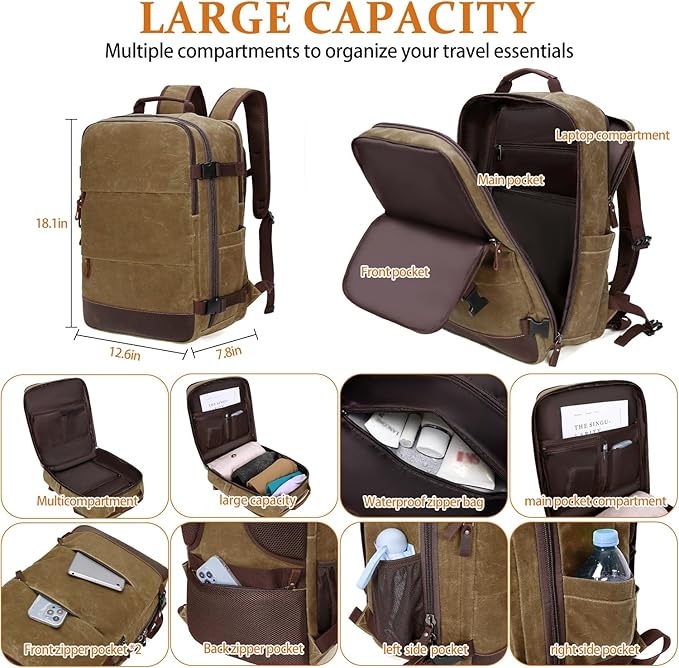 BOVIP Travel Backpack for Men Carry On Backpack Flight Approved Personal Item Backpack, 18.4 inch Laptop Backpack Casual Daypack Weekender Business Hiking Backpack, Brown