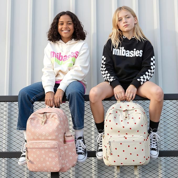 mibasies School Backpack for Girls with Laptop Sleeve: 18IN Large Capacity Corduroy Bookbag for Primary Middle School/College, Travel Daypack for Teens Women - Pink Flower