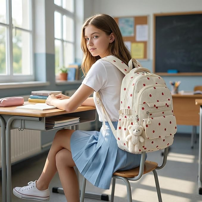 Girls Backpack for College High Middle School Student, Cute Aesthetic Bookbag for Teens Women with Accessories, Beige Strawberry