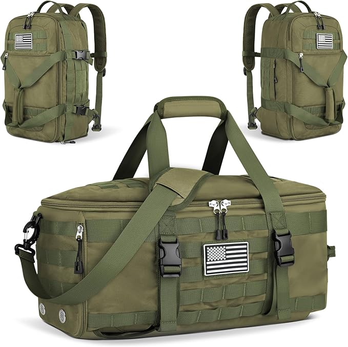 ETRONIK Gym Bags for Men, Large Tactical Duffle Backpack with Shoe Compartment, 3 in 1 Carry on Bag Travel Backpack with Wet Pocket, Weekender Overnight Range Bag for Workout Football Gym, Green