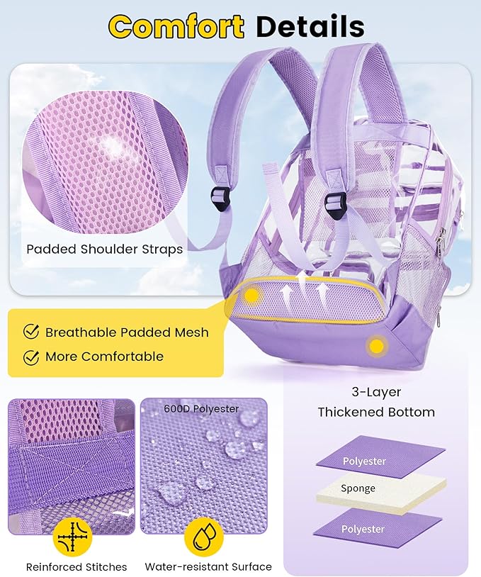 Vorspack Clear Backpack for School - Heavy Duty See Through Bookbag for Girls Boys Large Transparent Backpacks for Work, Travel, Festival - Purple