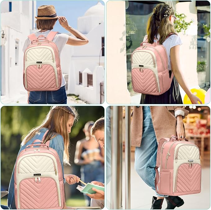 Backpack for Women, School Backpacks for Teen Girls, Stylish Cute Laptop Backpack, Teacher Student College Bookbags, Beige & Pink