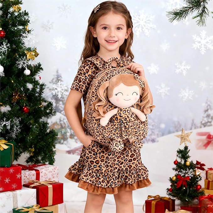 Gloveleya Toddler Backpack Baby Girl Gifts Curly Hair Plush Figures Dress Backpack Kids Backpack Curly Hair Spring Girl - White Leopard 9inches
