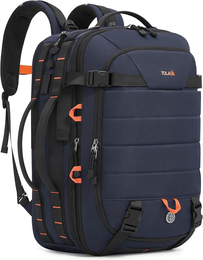 Tolaccea Carry on Travel Backpack, TSA Friendly Flight Approved Laptop Backpack Duffle Bag for Men Women with Dual Laptop Storage for 17.3", Expandable Business Rucksack 40L-50L Large - Blue