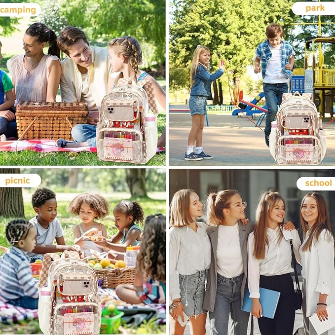 Bluboon Clear Backpack Heavy Duty Kids Boys Clear Bookbag See Through Backpacks with Pencil Case for College Work (Transparent Brown white Checked)