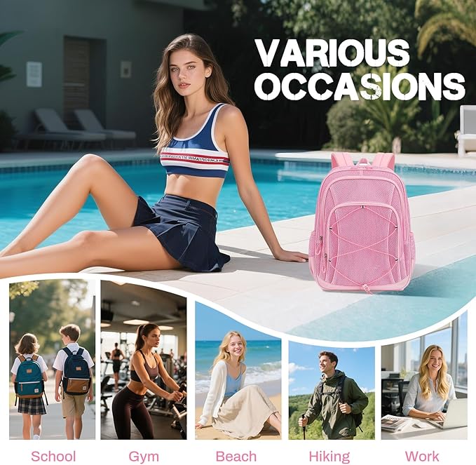 Mesh Backpack, Heavy Duty Mesh Bookbag for Girls Boys Kids, See Through Clear Backpacks, Net Backpack Transparent Breathable for School Beach Swim Travel Outdoor, Pink