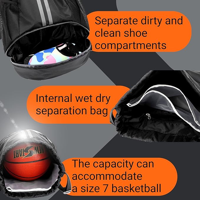 Drawstring Backpack,Waterproof Sports Gym Bag，Unisex Large Drawstring Bags with Wet and dry separation bag,football boot bag for Gym Sport Yoga School, Black, One Size
